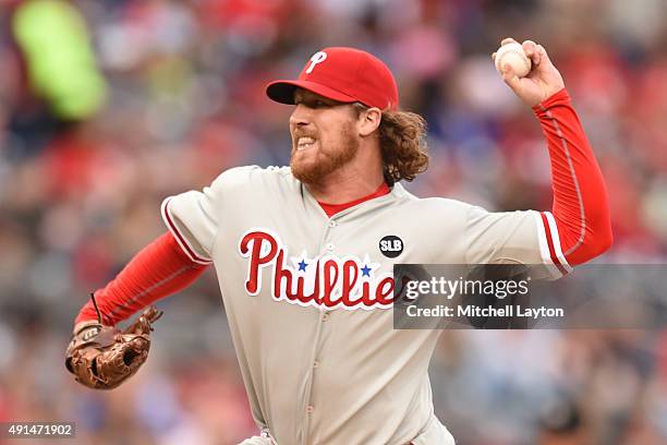 Adam Loewen of the Philadelphia Phillies pitches during a baseball game against the Washington Nationals at Nationals Park on September 26, 2015 in...