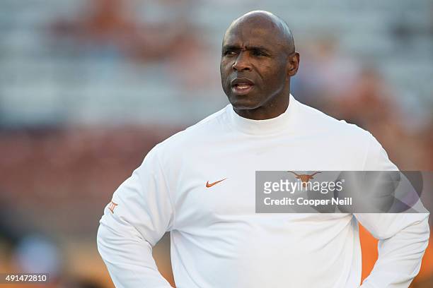 Texas Longhorns head coach Charlie Strong looks on before kickoff against the Rice Owls on September 12, 2015 at Darrell K Royal-Texas Memorial...