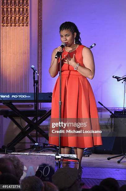 Singer We'Ani McDonald performs onstage during the Harlem School of the Arts 50th anniversary kickoff at The Plaza on October 5, 2015 in New York...