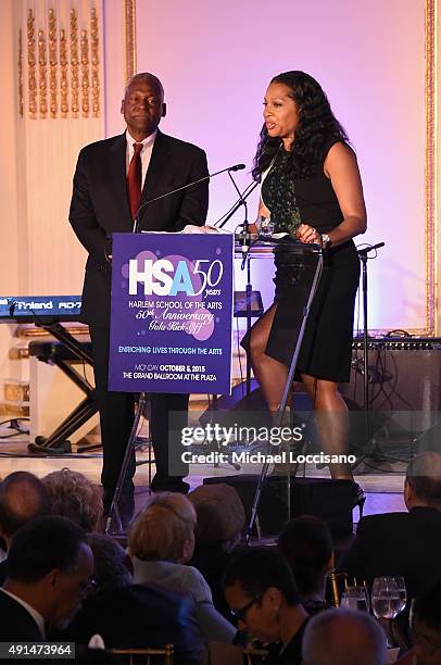 Assemblyman Keith Wright and Secretary of the Board of Directors at the Harlem School of the Arts, Janice Savin Williams appear onstage during the...