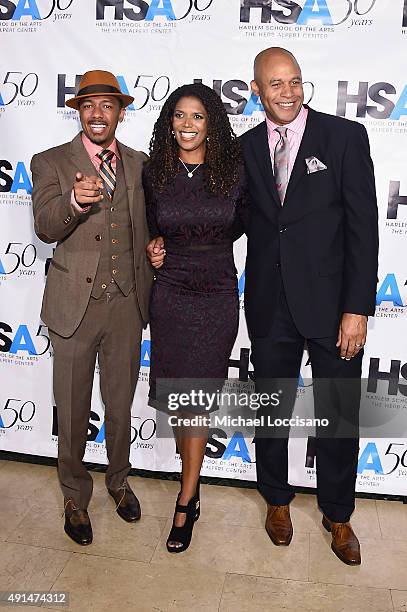 Nick Cannon, Monique Pryor and Eric Pryor attend the Harlem School of the Arts 50th anniversary kickoff at The Plaza on October 5, 2015 in New York...