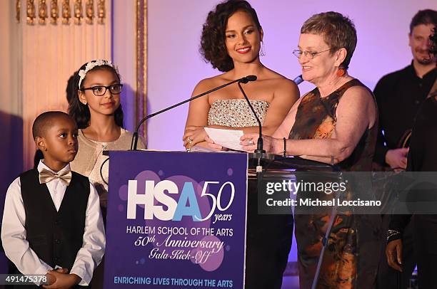 Olivia Ruiz, Devin Graves, Alicia Keys and Terria Joseph appear onstage during the Harlem School of the Arts 50th anniversary kickoff at The Plaza on...