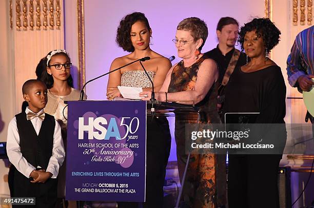 Devin Graves, Olivia Ruiz, Alicia Keys, Terria Joseph and Elain Graham appear onstage during the Harlem School of the Arts 50th anniversary kickoff...