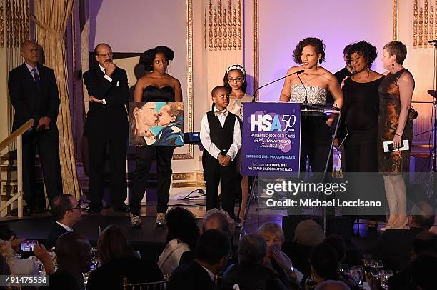 David Ushery, Charles Hamilton, Sophia Dawson, Devin Graves, Olivia Ruiz, Alicia Keys, Elain Graham and Terria Joseph appear onstage during the...