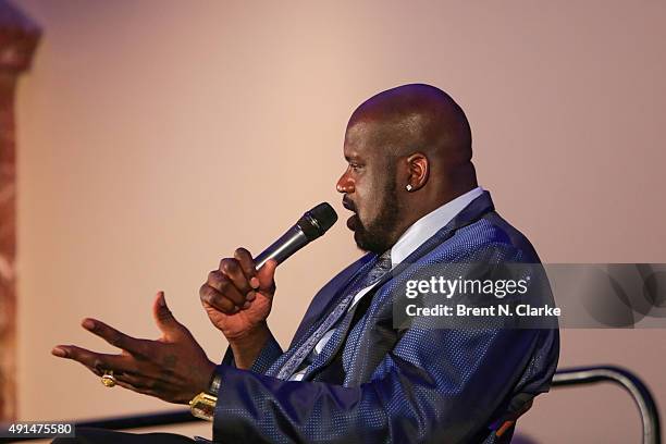 Former professional basketball player/author Shaquille O'Neal speaks on stage during LIVE from the NYPL: Shaquille O'Neal held at the New York Public...