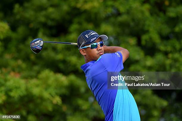 Arie Irawan plays a shot during practice ahead of the Yeangder Tournament Players Championship at Linkou lnternational Golf and Country Club on...