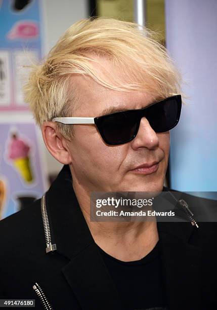 Musician Nick Rhodes of Duran Duran poses before signing copies of the band's new album "Paper Gods" at Amoeba Music on October 5, 2015 in Hollywood,...