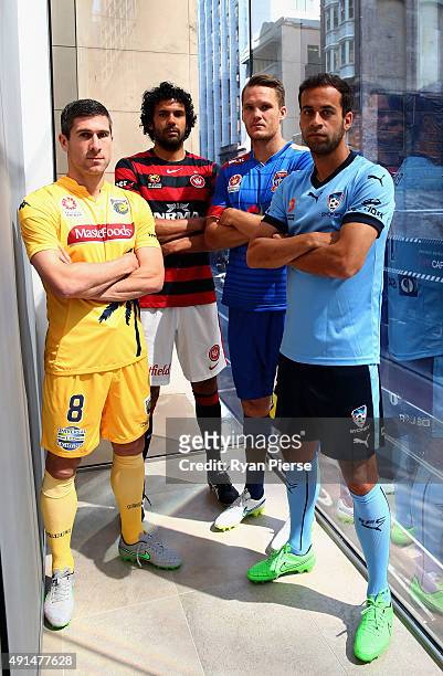 Nick Montgomery of the Mariners, Nikolai Toror-Stanley, Nigel Boogaard of the Jets and Alex Brosque of Sydney FC, pose during the 2015/16 A-League...
