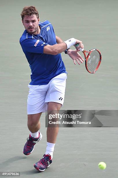 Stan Wawrinka of Switzerland returns a shot during the men's singles match against Radek Stepanek of Czech Republic on day two of Rakuten Open 2015...