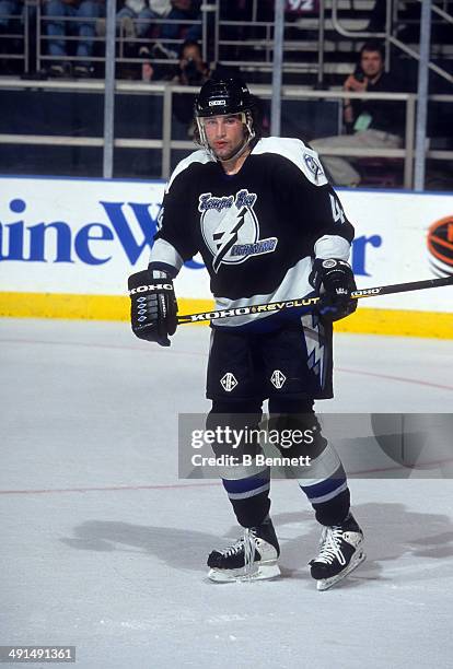 Roman Hamrlik of the Tampa Bay Lightning skates on the ice during an NHL game against the New York Rangers on April 12, 1996 at the Madison Square...