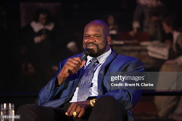 Former professional basketball player/author Shaquille O'Neal speaks on stage during LIVE from the NYPL: Shaquille O'Neal held at the New York Public...