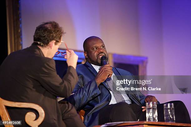 Former professional basketball player/author Shaquille O'Neal speaks on stage during LIVE from the NYPL: Shaquille O'Neal held at the New York Public...