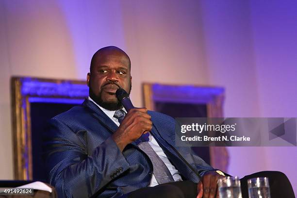 Former professional basketball player/author Shaquille O'Neal speaks on stage during LIVE from the NYPL: Shaquille O'Neal held at the New York Public...