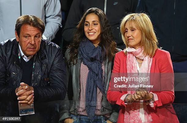 Xisca Perello, girlfriend of Rafael Nadal, mother Ana Maria Parera and father Sebastian Nadal watch on in his match against Andy Murray of Great...