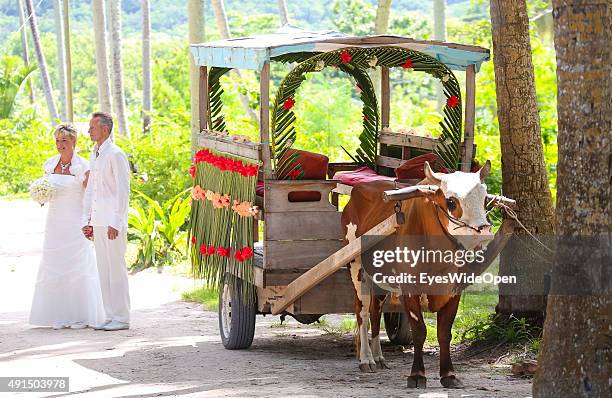 Marriage under palmtrees in white elegant clothes at the famous Source D´Argent Beach on October 01, 2015 in La Passe, La Digue, Seychelles.