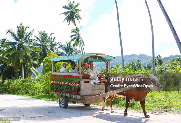 Marriage under palmtrees in white elegant clothes at the famous Source D´Argent Beach on October 01, 2015 in La Passe, La Digue, Seychelles.