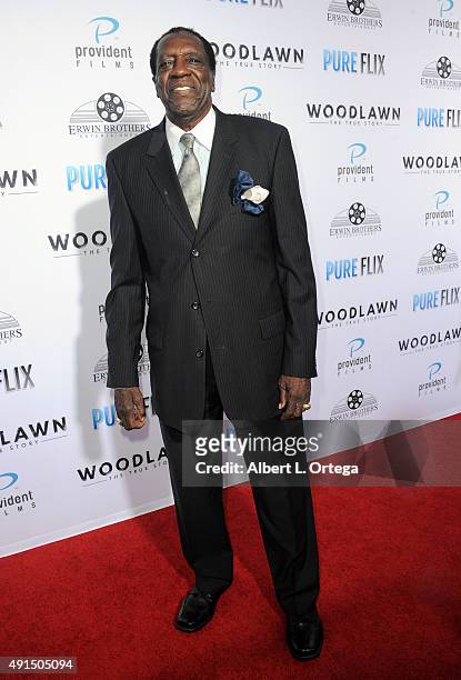 Harlem Globetrotter Meadowlark Lemon arrives for the LA Premiere Of Pure Flix's "Woodlawn" held at Regency Bruin Theater on October 5, 2015 in...