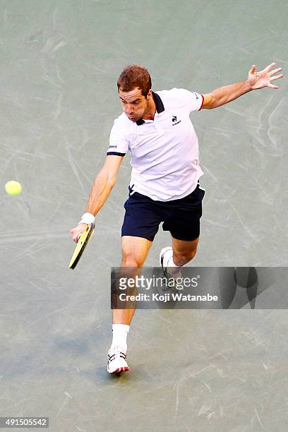 Richard Gasquet of France competes against Roberto Bautista Agut of Spain during the men's singles first round match on day two of Rakuten Open 2015...