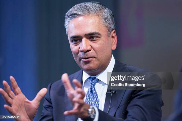 Anshu Jain, former co-chief executive officer of Deutsche Bank AG, gestures as he speaks during the Bloomberg Markets Most Influential Summit in...