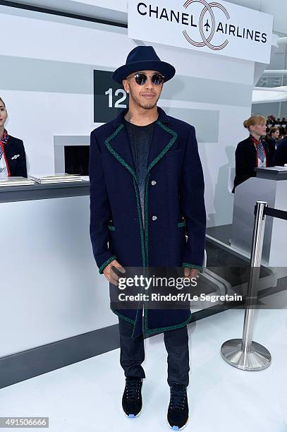 Racing driver Lewis Hamilton attends the Chanel show as part of the Paris Fashion Week Womenswear Spring/Summer 2016 on October 6, 2015 in Paris,...