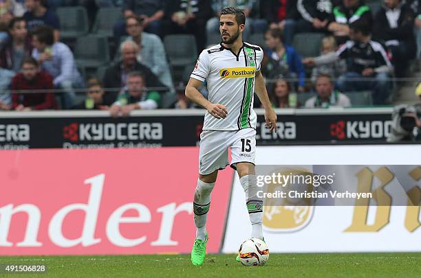 Alvaro Dominguez of Borussia Moenchengladbach controls the ball during the Bundesliga match between Borussia Moenchengladbach and VfL Wolfsburg at...