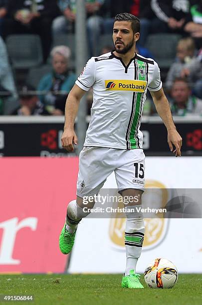 Alvaro Dominguez of Borussia Moenchengladbach controls the ball during the Bundesliga match between Borussia Moenchengladbach and VfL Wolfsburg at...