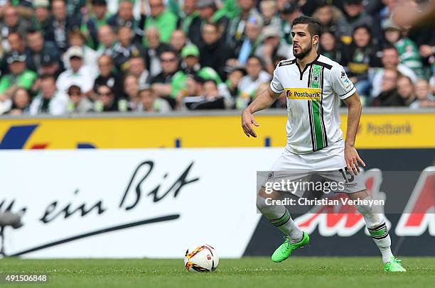 Alvaro Dominguez of Borussia Moenchengladbach controls the ball during the Bundesliga match between Borussia Moenchengladbach and VfL Wolfsburg at...