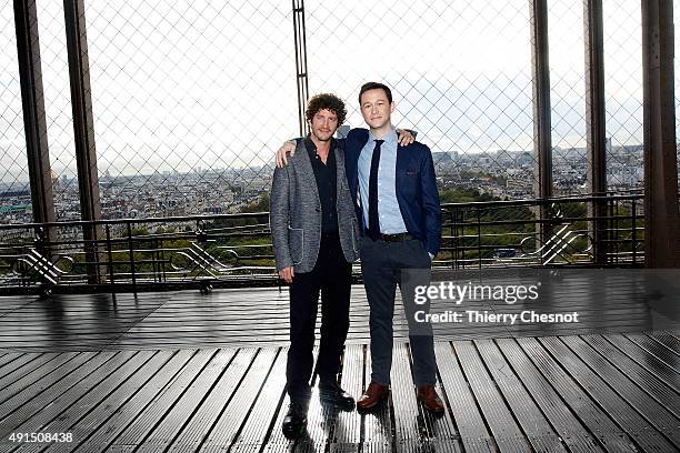 Clement Sibony and Joseph Gordon Levitt attend the 'The Walk : Rever Plus Haut' photocall at Eiffel Tower on October 6, 2015 in Paris, France.