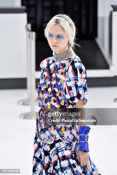 Model walks the runway during the Chanel show as part of the Paris Fashion Week Womenswear Spring/Summer 2016 on October 6, 2015 in Paris, France.