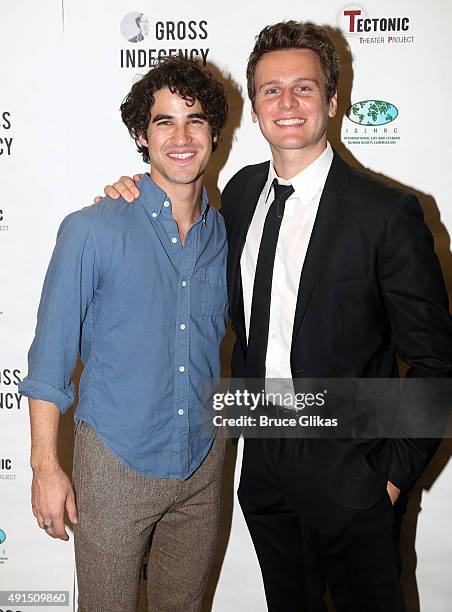 Darren Criss and Jonathan Groff attend the After Party for 'Gross Indecency: The Three Trials Of Oscar Wilde' Benefit at The Gerald W. Lynch Theatre...