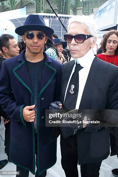 Formula One Racing Driver Lewis Hamilton and Karl Lagerfeld pose after the Chanel show as part of the Paris Fashion Week Womenswear Spring/Summer...