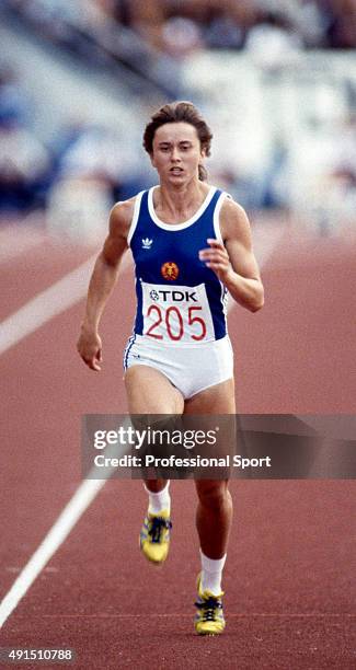 Women's 100 metres gold medallist Marlies Oelsner-Gohr of East Germany during the World Athletics Championships in Helsinki, Finland, circa August...