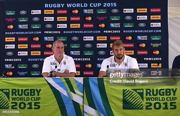 Stuart Lancaster, the England head coach, faces the media with team captain Chris Robshaw during the England media session at Pennyhill Park on...