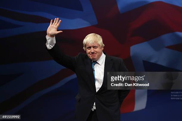 London mayor Boris Johnson waves after speaking to conference on the third day of the Conservative party conference on October 6, 2015 in Manchester,...