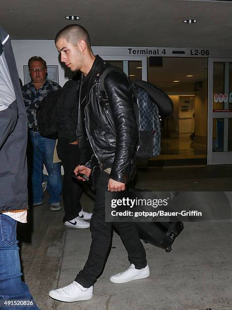 Nick Jonas is seen at Los Angeles International Airport on October 05, 2015 in Los Angeles, California.