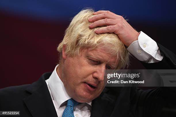 London mayor Boris Johnson speaks to conference on the third day of the Conservative party conference on October 6, 2015 in Manchester, England....