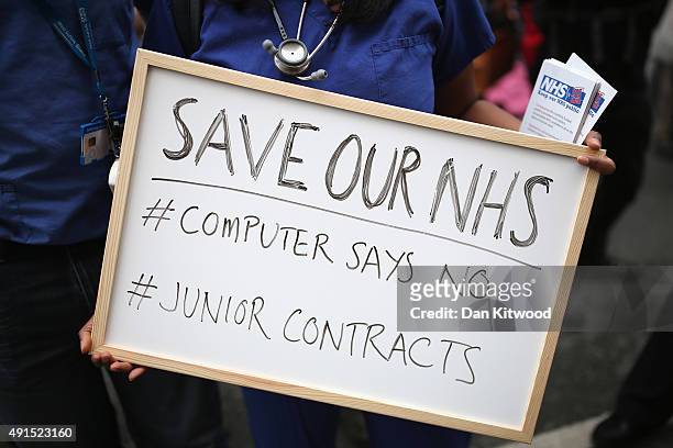 Protesters stage a 'Save Our NHS' demonstration outside the Conservative party conference on October 6, 2015 in Manchester, England. Home Secretary...