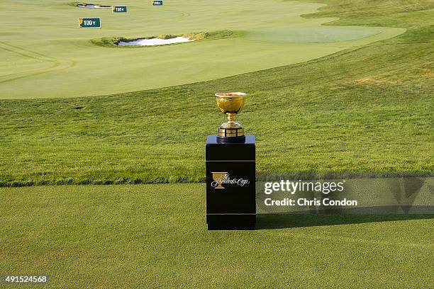 The Presidents Cup trophy is photographed on the range during practice for The Presidents Cup at Jack Nicklaus Golf Club Korea on October 6, 2015 in...