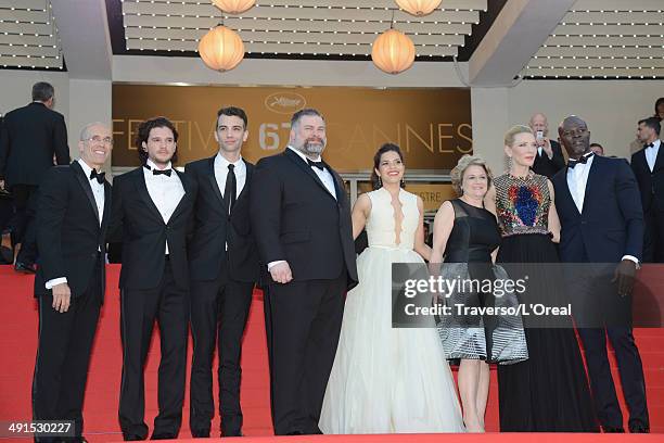 Dean DeBlois, Kit Harrington, Jay Baruchel, America Ferrera, Bonnie Arnold, Cate Blanchett, Djimon Hounsou, Jeffrey Katzenberg attend the "How To...