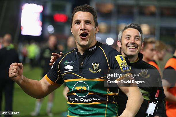 Phil Dowson, the Northampton Saints captain, celebrates after his teams victory during the Aviva Premiership semi final match between Northampton...