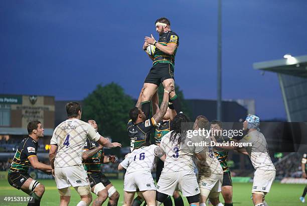 Tom Wood of Northampton wins the lineout ball during the Aviva Premiership semi final match between Northampton Saints and Leicester Tigers at...