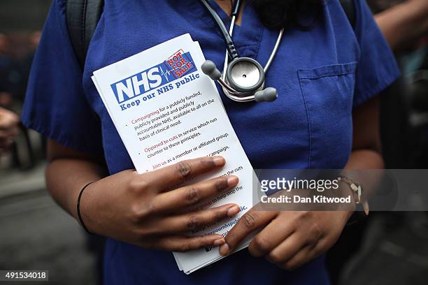 Protesters stage a 'Save the NHS' demonstration outside the Conservative party conference on October 6, 2015 in Manchester, England. Home Secretary...