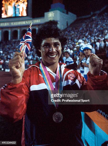 Bronze medallist Fatima Whitbread of Great Britain celebrates finishing in third place in the Women's javelin event during the 1984 Summer Olympics...