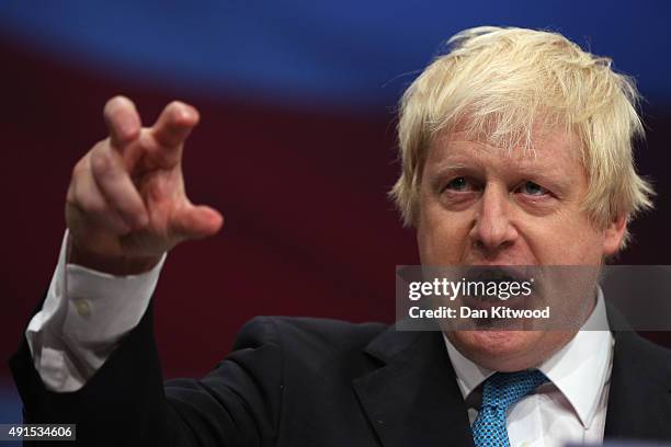 London mayor Boris Johnson speaks to conference on the third day of the Conservative party conference on October 6, 2015 in Manchester, England....