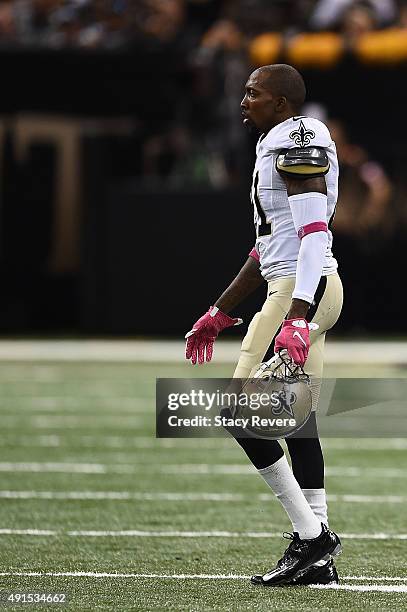 Keenan Lewis of the New Orleans Saints walks to the sideline during a game against the Dallas Cowboys at the Mercedes-Benz Superdome on October 4,...