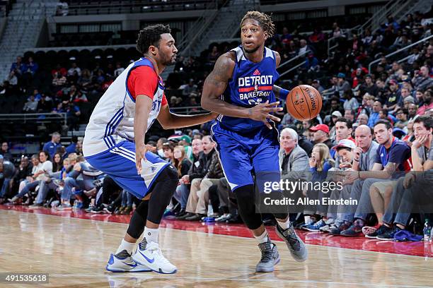 Cartier Martin of the Detroit Pistons dribbles the ball during an Open Practice on October 3, 2015 at The Palace of Auburn Hills in Auburn Hills,...