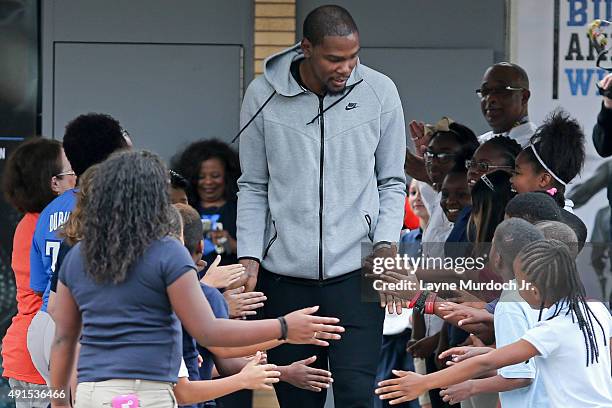 Kevin Durant of the Oklahoma City Thunder hosts a court dedication on October 05, 2015 at North Highland Elementary School in Oklahoma City, Oklahoma...