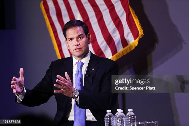 Republican presidential candidate, Sen. Marco Rubio speaks at Civic Hall about the "sharing economy" on October 6, 2015 in New York City. Rubio, who...