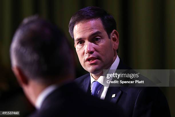 Republican presidential candidate, Sen. Marco Rubio speaks at Civic Hall about the "sharing economy" on October 6, 2015 in New York City. Rubio, who...