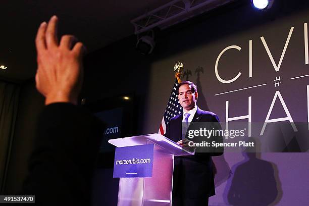 Republican presidential candidate, Sen. Marco Rubio speaks at Civic Hall about the "sharing economy" on October 6, 2015 in New York City. Rubio, who...